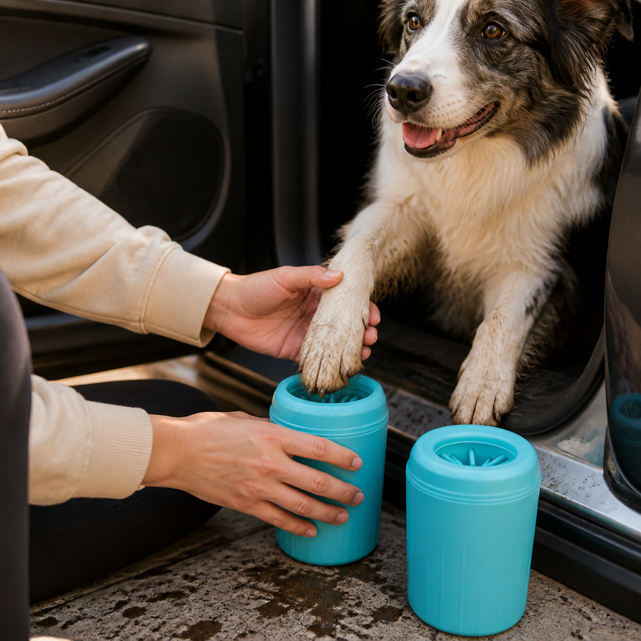 Utilisation du nettoyeur de pattes VYKORO PawClean près de la voiture