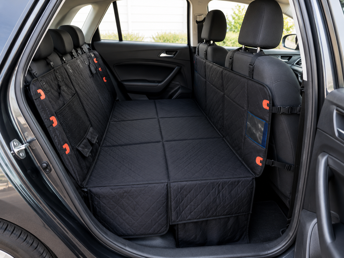 Banquette arrière de voiture propre et protégée par VYKORO RoadNest™, installé et fixé aux appuie-têtes
